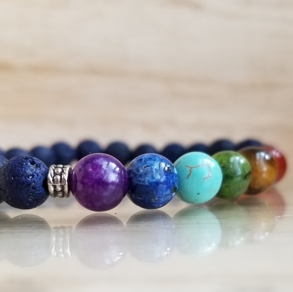 7 Chakra Healing Bracelet with Blue Lava Beads - Picture 3 of 6